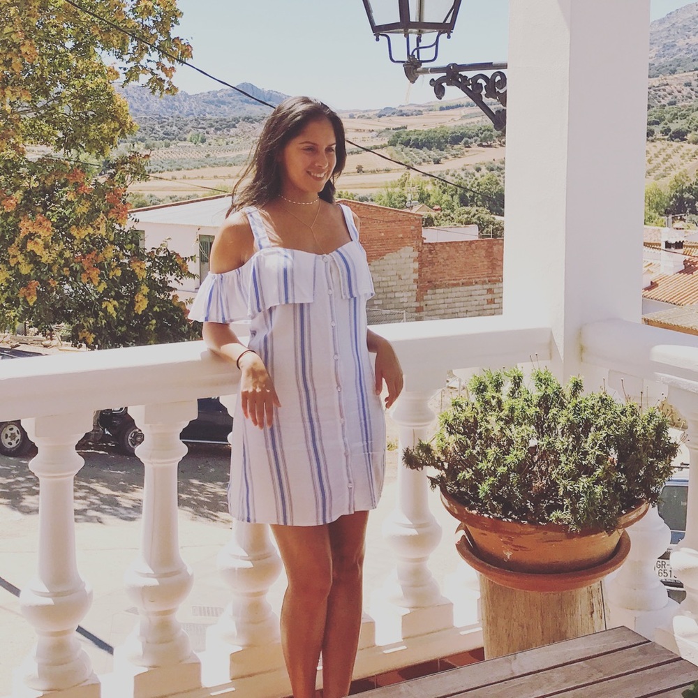 White and blue striped ruffle dress